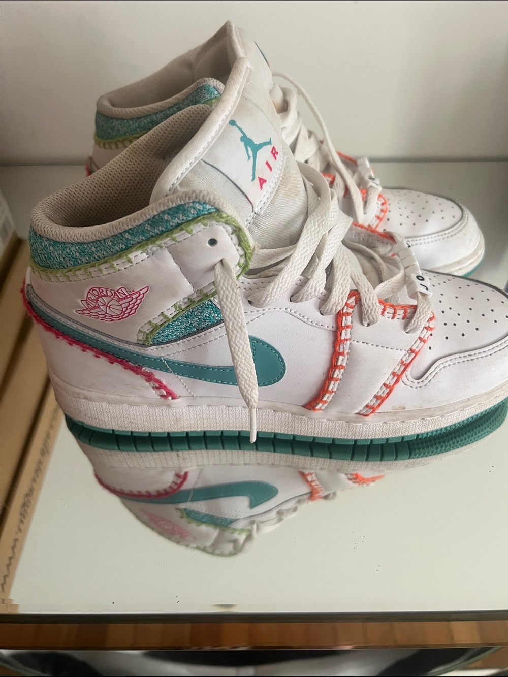 Jordan Kids White Teal Pink Accent Sneakers